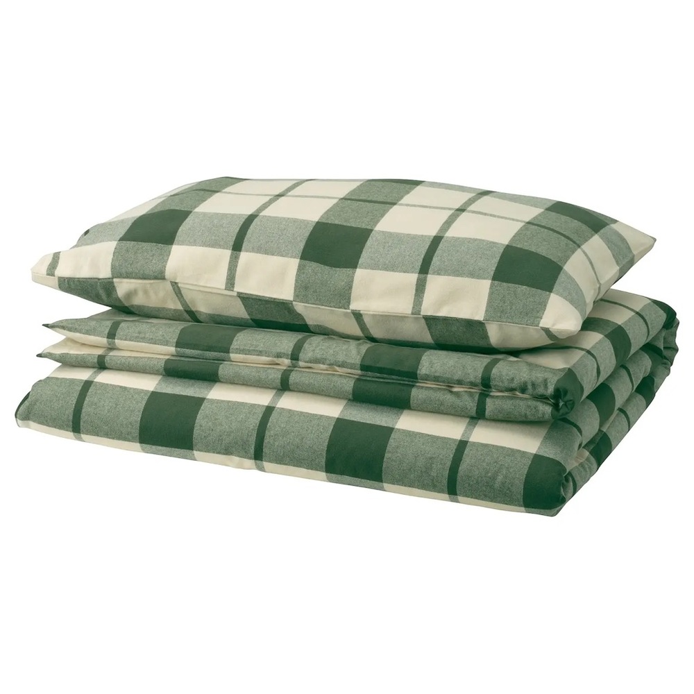 NWT IKEA Besksötemal Duvet Cover and Two Pillowcases - Green/Check (Queen)
